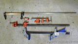 Woodworking clamps including 2 pipe clamps, longest is 39