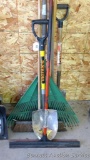 Wall mount hose keeper, squeegee, leaf rake, dirt spade, lake weed rake, tree spade, snow shovel,
