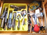 Stainless flatware; paring knives; silverware sorter; cheese slicer; baster; thermometers; shears;