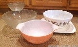 Two vintage Pyrex bowls including Gooseberry pattern; Chip and dip set; square white platter.