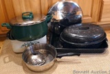 Large pasta pot with strainer lid; covered roaster; enameled pan; saucepan; slow cooker with glass