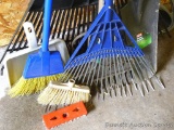Two nice leaf rakes, dirt spade, dirt rake, pitch fork, drain spade, wall mount hose keeper, more.