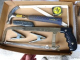 Estwing claw hammer; hack saw; Stanley PowerLock tape measures; clamps; more.