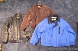 Three men's' jackets in good shape. Leather jacket is size medium, as is blue jacket. Other is a
