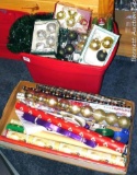 Tote of Christmas ornaments, some NIP; plus assorted wrapping paper.