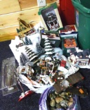 Assorted Christmas village pieces and accessories.