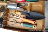 Fiskars garden trowel, plus bulb planter and two garden forks.