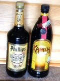 No shipping. Liter bottle of Phillips Root Beer Schnapps and a liter bottle of Kahlua. All unopened,
