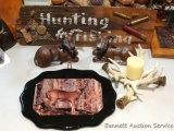Pair of ceramic deer; faux antler bowl or candle holder; Hunting & Fishing sign is 16