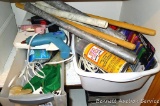 One Sterilite organizer drawer with a hot glue gun and glue sticks; plus a bin with wall paper
