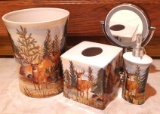 Northwoods bathroom accessories including wastebasket, soap dispenser, tissue box cover. Plus a