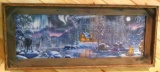 Rustic barn board frame surrounds a wolf and cabin jigsaw puzzle. 45
