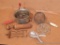 Vintage kitchen tools including food mill, strainer, reamer, jar lifter, more.