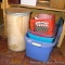 Totes, crates, baskets, tubs and a barrel. Largest tote is approx. 3' wide. Barrel is 28
