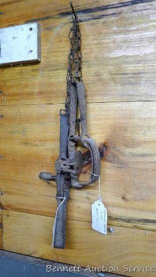 Two Diamond traps with double jaws. Larger trap is 12" across, pan is marked No. 2. Single spring