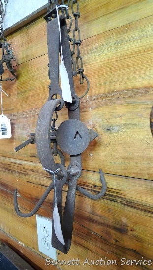 Victor double long spring trap is 17" wide, jaws are 5" wide. Patent date 1911. Comes with drag.