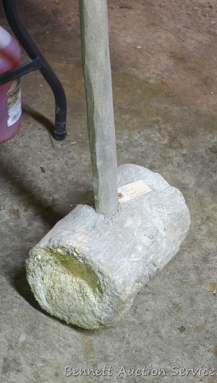 Large wooden post maul. Seller states homemade by Frank Kirchmeyer, 10" x 7" x 39".