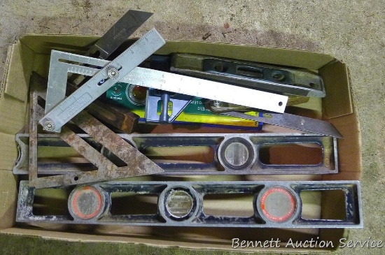 Carpenter squares; two 18" Stanley aluminum levels and more.