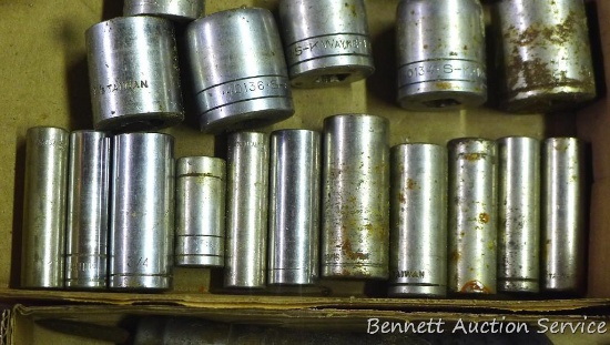 3/8" SK ratchet; 1/2" Stanley ratchet; 12pt. SK sockets, largest is 1-1/4"; 6pt. deep well sockets.