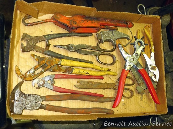Adjustable pliers; small binder; tin snips; fencing pliers and more.