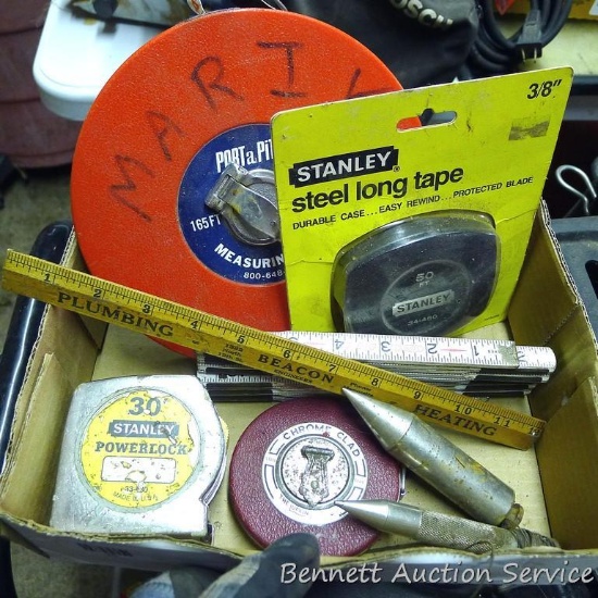 Several tape measures includes 50' Stanley NIP., 165' tape and more.