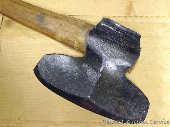Right handed broad axe. Marking on head - M.M.H. Co. Wedgeway Hand Made Oilstone Whetted. 38" long,