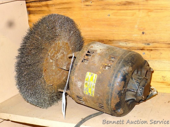 Ten inch Wire brush mounted on electric motor, untested.