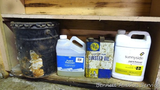 Partial containers of paint thinner; linseed oil; tar.