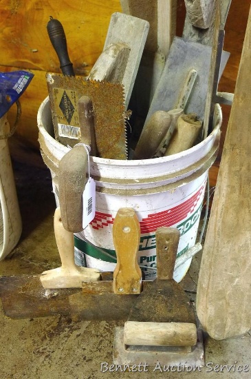 Five gallon pail of assorted concrete tools includes edgers, trowels and more. Longest one is 48".