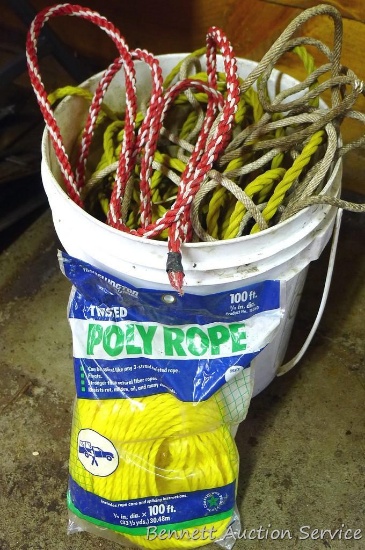 Bucket full of rope including 100' 1/4" polyrope, NIP.