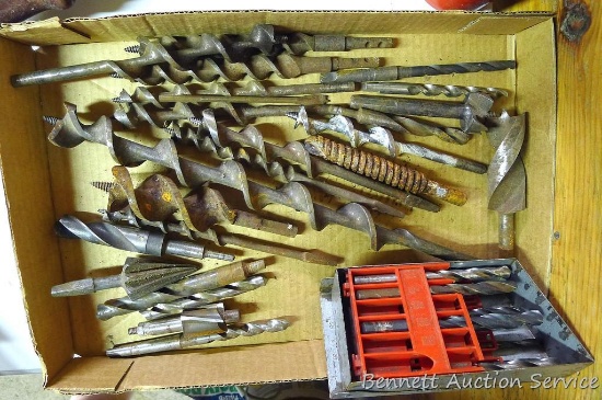 Drill bits includes wood, metal and concrete. Largest is 16" x 1-3/8".