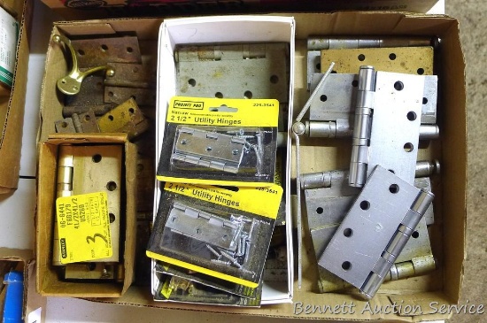 Assortment of brass hinges; 3" barrel bolt; heavy duty door hinges 4-1/2" x 4-1/2" and more.