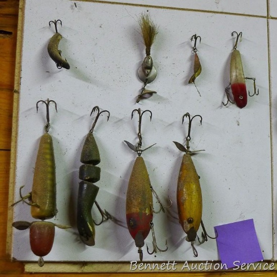 Old fishing lures, some with glass eyes. Longest body is 5-1/2".