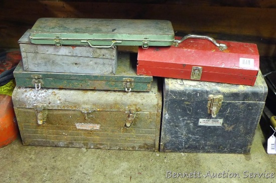 Assortment of metal boxes, largest is 20" x 9" x 10".