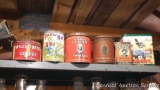 Collection of metal canisters. Includes Hills Brothers Coffee, Plow Boy tobacco and more. Tallest