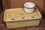 Yellow and green enameled refrigerator dish with lid; enameled cup. Dish with lid measures 12-1/2