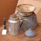 Metal coffee pot and bowls. Coffee pot is 10