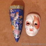 Ceramic wall vase and decorative mask. Vase measures 9 1/2