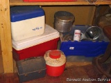 Thermos cooler, Gott 12 quart cooler, lunch pail, tote full of camping cookware, more.