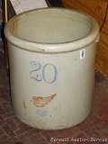 Red Wing 20 gallon crock is in overall good condition. Original handles are missing, hairline crack