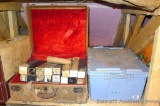 Old suitcase filled with player piano cylinders - boxes state 'Word Rolls', plus another tote of