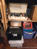 Old suitcase filled with player piano cylinders - boxes state 'Word Rolls', plus two totes of