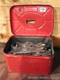 Old metal bread box with silver plate utensils. Great for crafting or camping.