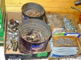 Assortment of used nuts and bolts. Hydraulic fittings, 5/16 x 2.5 carriage bolts new in box. 6