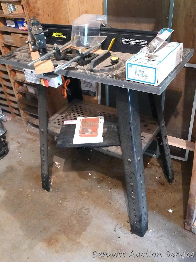Wolfcraft Router station no. 640 mounted on metal stand. Includes bits;  Craftsman router guide; | Heavy Construction Equipment Light Equipment &  Support | Online Auctions | Proxibid