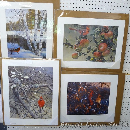 Four signed & numbered Cardinal prints by Becky Kruger, Michael Sieve, Robert Bateman and Lars
