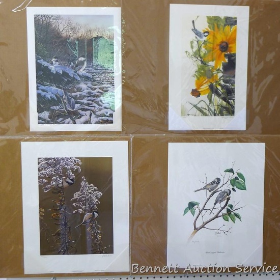 Four signed & numbered Chickadee prints by Kelley, Maggie Linn, R.S. Parker, and Balke. Kelley