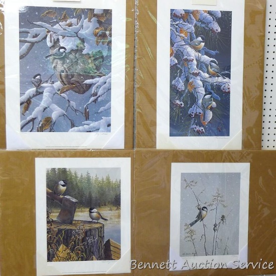Three signed & numbered Chickadee prints by Tim Schultz, one by Jerry Gadamus. Tim Schultz prints