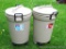 Two Rubbermaid 32 gallon garbage cans with lids in good usable condition. There is a hole noted in