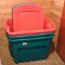 Three 18 quart lidded totes in good condition.